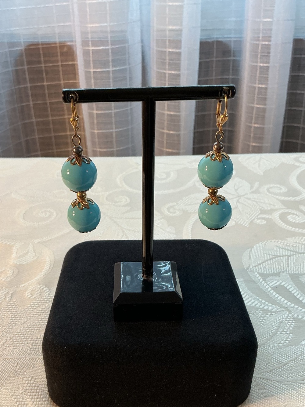 Turquoise Blue Glass Filigree Gold Tone Drop Leverback Earrings